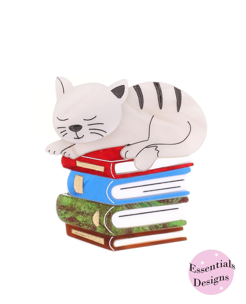 Cat-sleeping-on-books-essentials-brooch-essentials-la-vidriola-detail