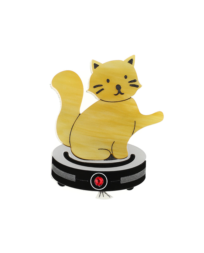 Cat riding a robot vacuum brooch