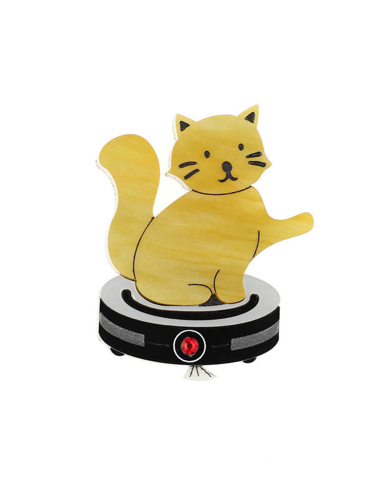 Cat riding a robot vacuum brooch