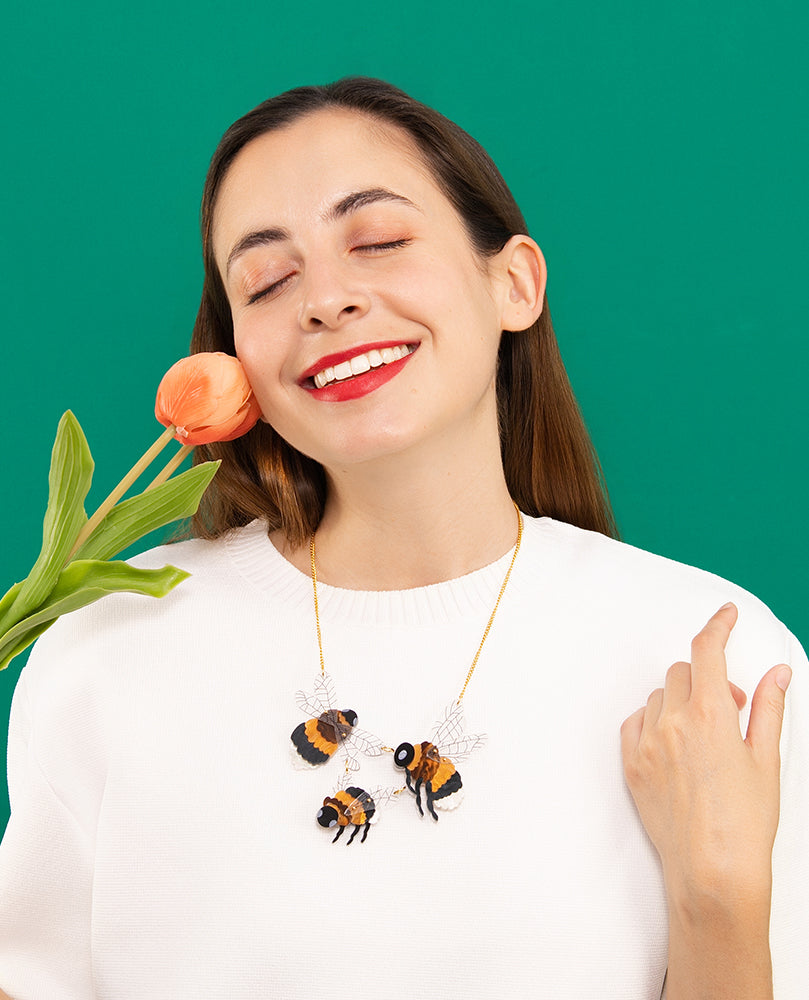 Fuzzy Bumblebee Trio Necklace