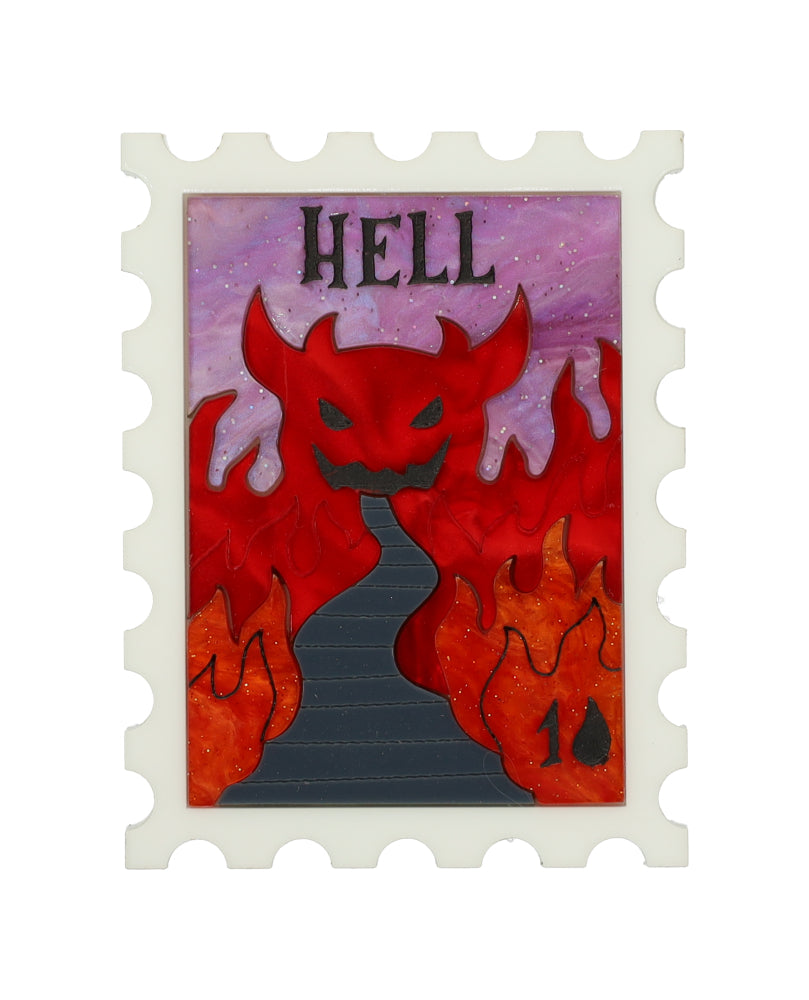 Greeting From Hell Stamp Brooch