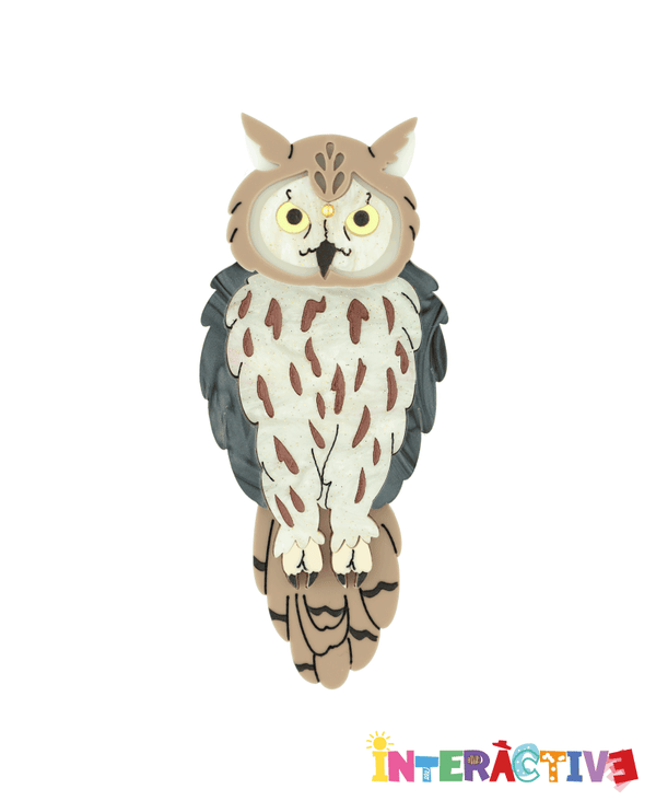 Hoot Hoot! Great Horned Owl Brooch -Interactive-
