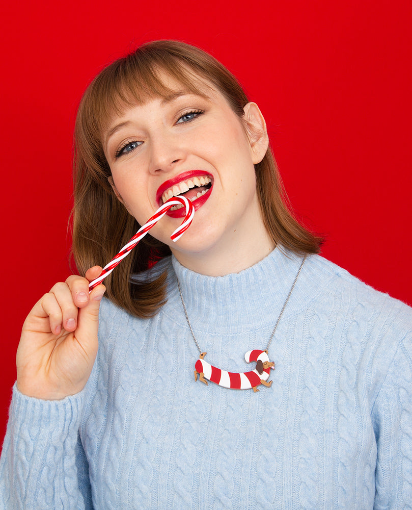 Jolly Dog in a Candy Cane necklace