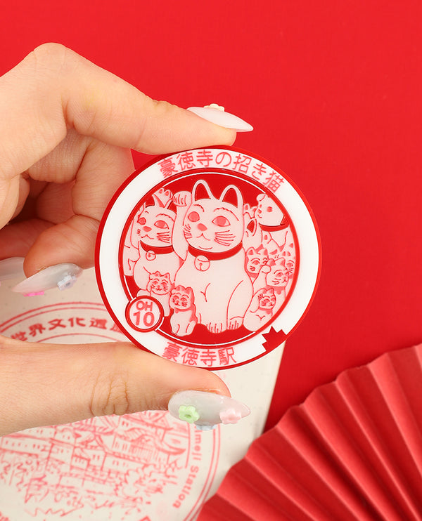 Lucky Maneki Neko Eki Stamp Brooch