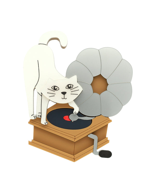 Playing My Gramophone Cat Brooch