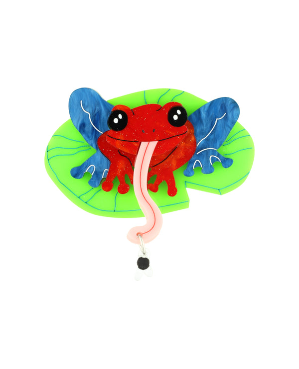 Snack time flies! Poison dart frog brooch