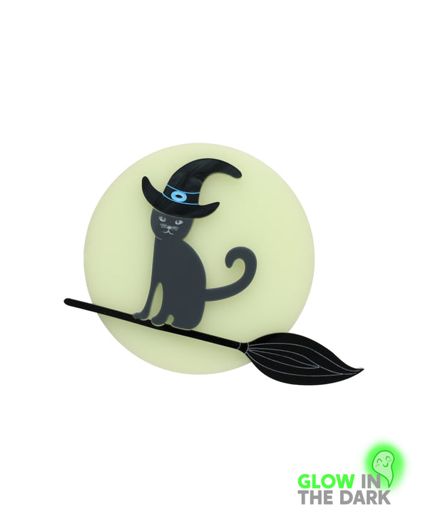 Witchy Cat on the Broom Brooch -Glow in the Dark-