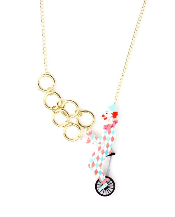 Clown-riding-a-unicycle-necklace-la-vidriola-plastic-jewellery-circus-where-the-magic-happens-detail