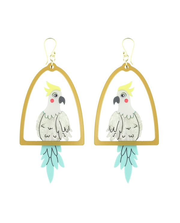 Cockatoo-on-swing-earrings-everything-will-be-all-right-la-vidriola-detail