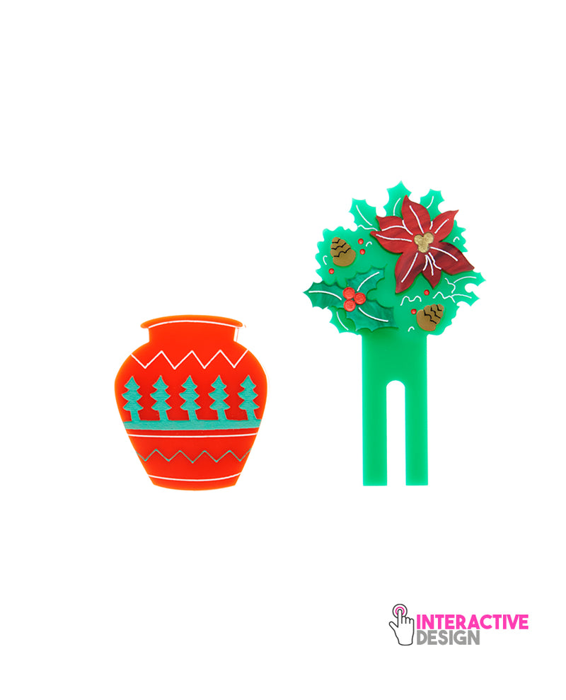 Merry & Bright Jolly Flower Vase Brooch -Interactive-