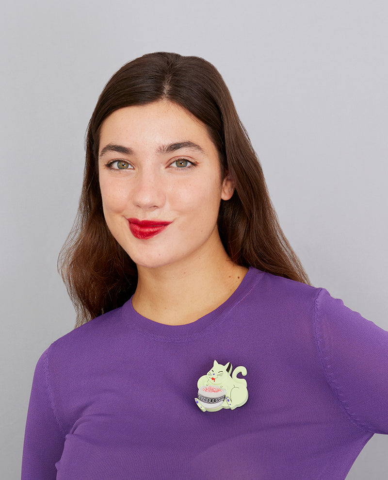 Zombie Cat Eating Brain Noodles Upside Down Edition Brooch