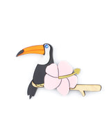 Toucan-and-flower-brooch-la-vidriola-plastic-jewellery-broochland-detail