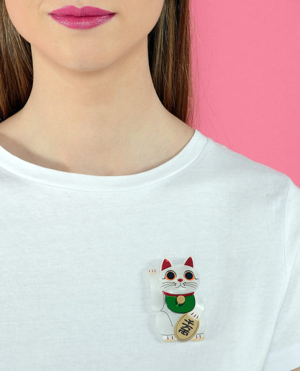 Maneki neko lucky cat brooch