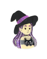 Witch and cat brooch